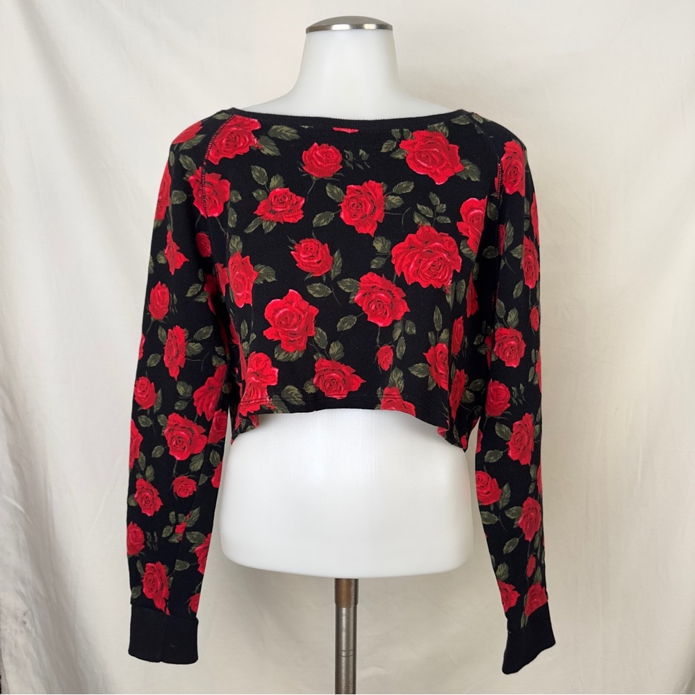 Forever 21 100% Cotton Black Sweater with Red Floral Design Size Large